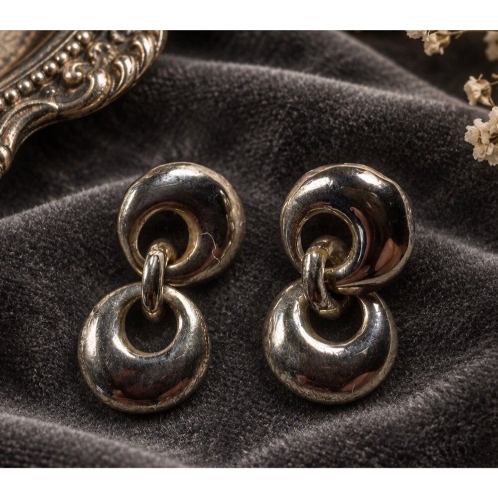 Vintage Silver Tone Double Ring Dangle Earrings Pierced Mod Statement 1980s